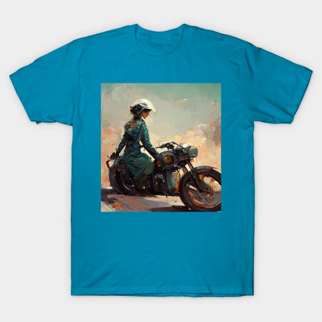 Girl on a motorcycle T-Shirt by CatCoconut-Art